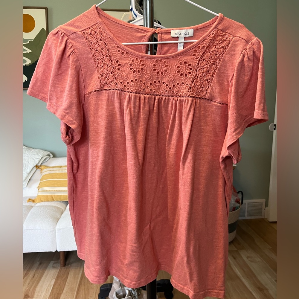 Ella Moss Rose-Coral Eyelet Yoke Short Sleeve Blouse